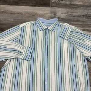 Tommy Bahama Blue White Mens XL Striped Pima Cotton Long Sleeve Button Up Shirt‎